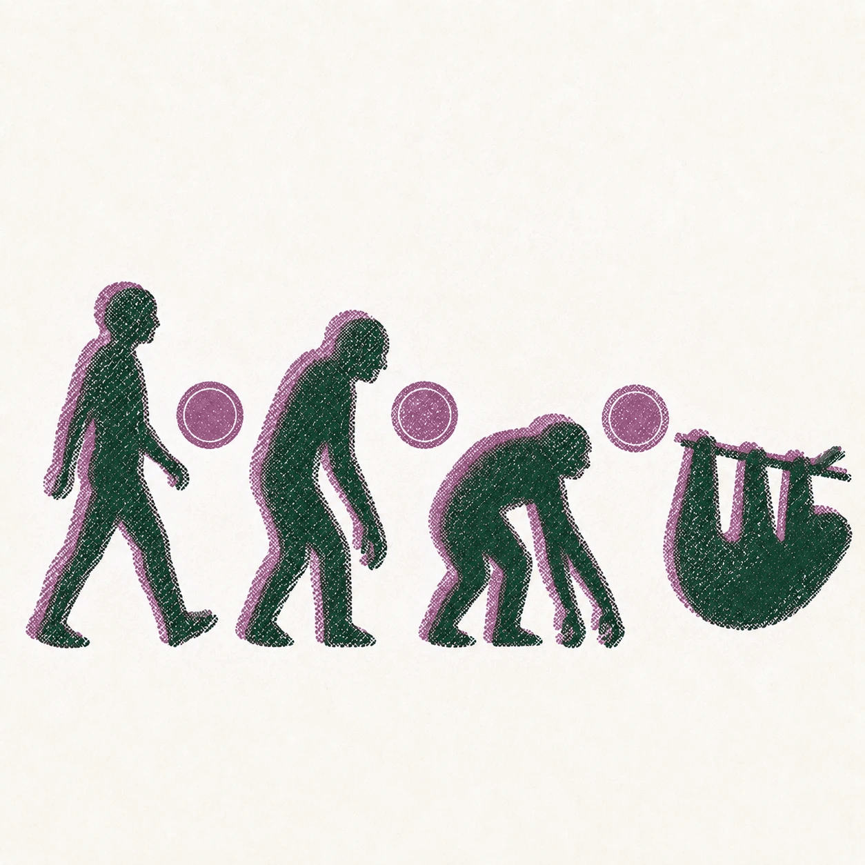 The march-of-progress diagram run backwards: an upright walking person, then a stooping one, then one down on all fours, then a sloth hanging from a branch — with a coin handed over between each stage. The myth, drawn out.