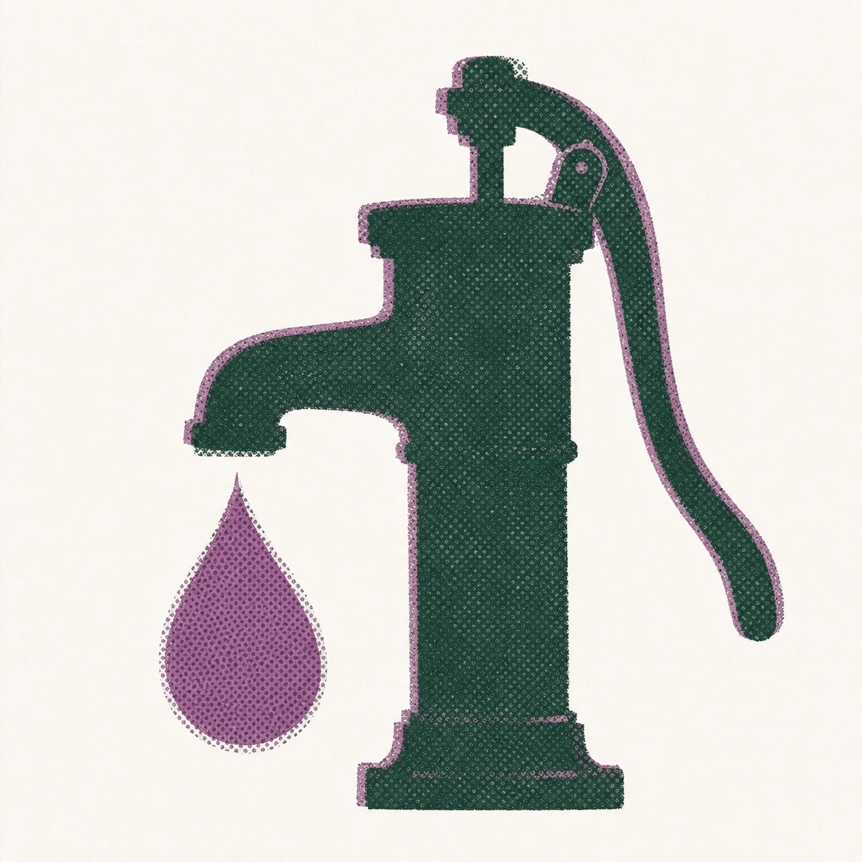 A cast-iron hand pump printed in forest green, with a single oversized plum-coloured drop hanging beneath its spout.